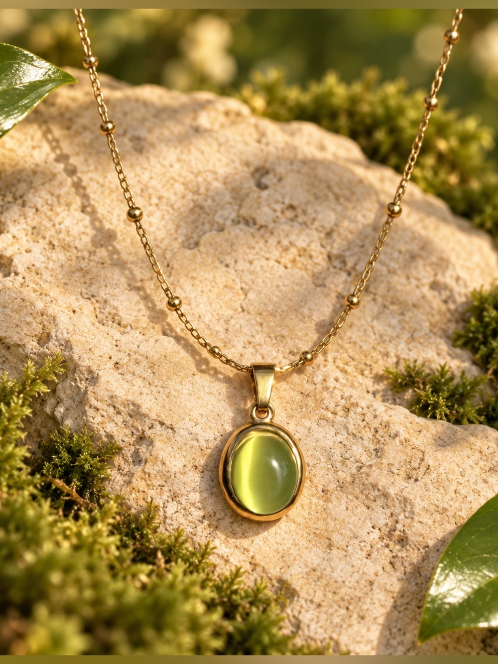 Stone Opal Oval Necklace  Stainless Steel Gold